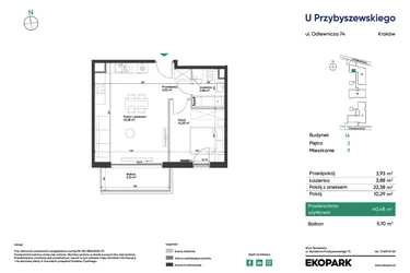Rzut - Mieszkanie na sprzedaż 2 pokoje o powierzchni 40,48 m² - numer 1A_M9 w U Przybyszewskiego etap 4