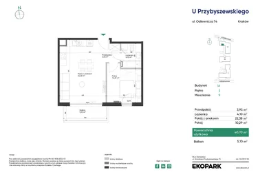 Rzut - Mieszkanie na sprzedaż 2 pokoje o powierzchni 40,7 m² - numer 1A_M9 w U Przybyszewskiego etap 4