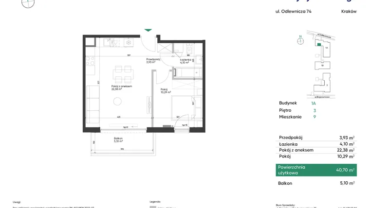 Rzut - Mieszkanie na sprzedaż 2 pokoje o powierzchni 40,7 m² - numer 1A_M9 w U Przybyszewskiego etap 4
