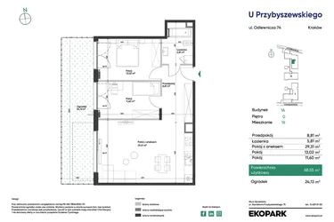 Rzut - Mieszkanie na sprzedaż 3 pokoje o powierzchni 68,55 m² - numer 1A_M16 w U Przybyszewskiego etap 4