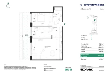 Rzut - Mieszkanie na sprzedaż 3 pokoje o powierzchni 69,05 m² - numer 1A_M16 w U Przybyszewskiego etap 4