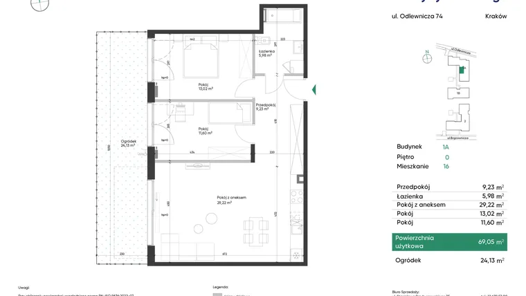 Rzut - Mieszkanie na sprzedaż 3 pokoje o powierzchni 69,05 m² - numer 1A_M16 w U Przybyszewskiego etap 4
