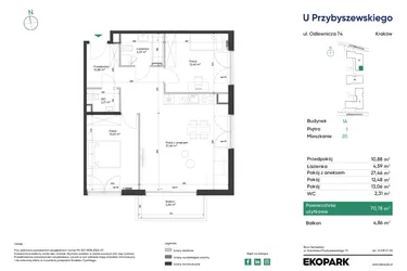 Rzut - Mieszkanie na sprzedaż 3 pokoje o powierzchni 70,78 m² - numer 1A_M20 w U Przybyszewskiego etap 4