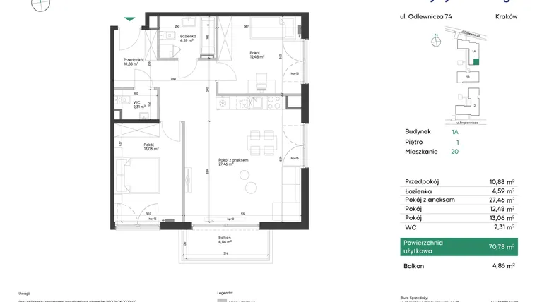 Rzut - Mieszkanie na sprzedaż 3 pokoje o powierzchni 70,78 m² - numer 1A_M20 w U Przybyszewskiego etap 4