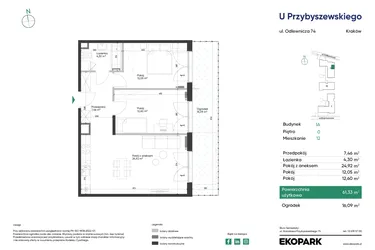 Rzut - Mieszkanie na sprzedaż 3 pokoje o powierzchni 61,33 m² - numer 1A_M12 w U Przybyszewskiego etap 4