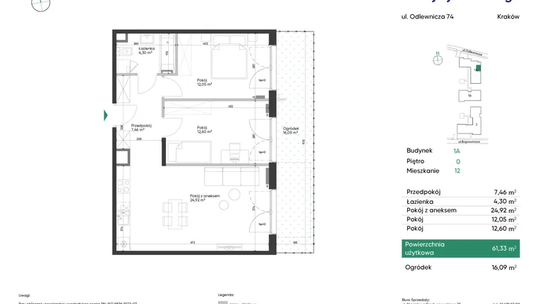 Rzut - Mieszkanie na sprzedaż 3 pokoje o powierzchni 61,33 m² - numer 1A_M12 w U Przybyszewskiego etap 4