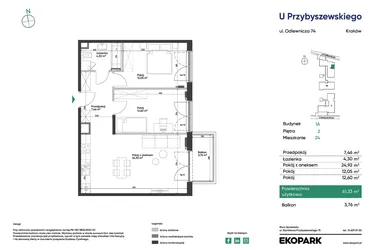 Rzut - Mieszkanie na sprzedaż 3 pokoje o powierzchni 61,33 m² - numer 1A_M24 w U Przybyszewskiego etap 4