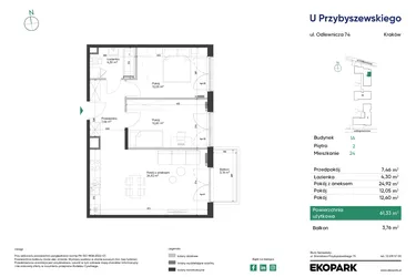 Rzut - Mieszkanie na sprzedaż 3 pokoje o powierzchni 61,33 m² - numer 1A_M24 w U Przybyszewskiego etap 4