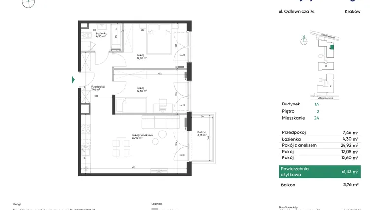 Rzut - Mieszkanie na sprzedaż 3 pokoje o powierzchni 61,33 m² - numer 1A_M24 w U Przybyszewskiego etap 4