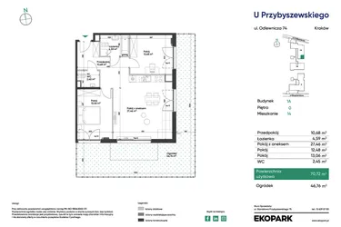 Rzut - Mieszkanie na sprzedaż 3 pokoje o powierzchni 70,72 m² - numer 1A_M14 w U Przybyszewskiego etap 4