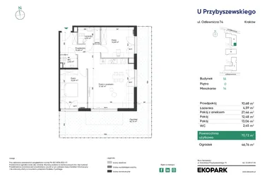 Rzut - Mieszkanie na sprzedaż 3 pokoje o powierzchni 70,72 m² - numer 1A_M14 w U Przybyszewskiego etap 4