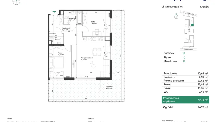 Rzut - Mieszkanie na sprzedaż 3 pokoje o powierzchni 70,72 m² - numer 1A_M14 w U Przybyszewskiego etap 4