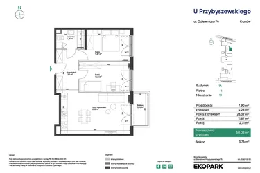 Rzut - Mieszkanie na sprzedaż 3 pokoje o powierzchni 60,08 m² - numer 1A_M19 w U Przybyszewskiego etap 4
