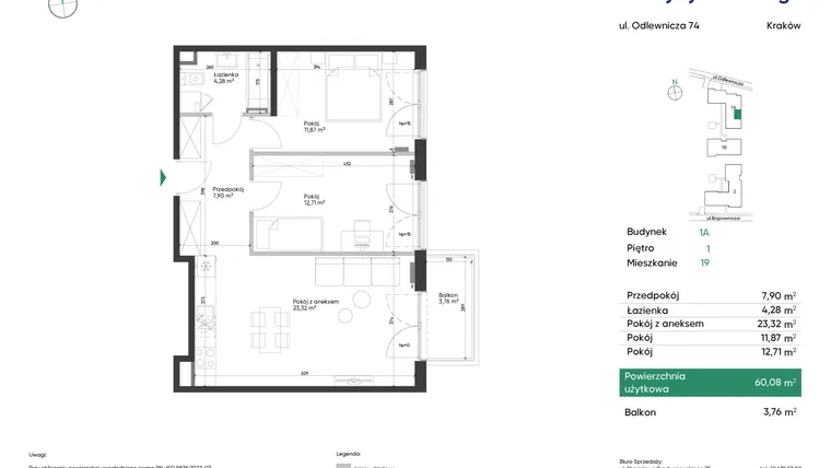 Rzut - Mieszkanie na sprzedaż 3 pokoje o powierzchni 60,08 m² - numer 1A_M19 w U Przybyszewskiego etap 4