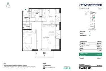 Rzut - Mieszkanie na sprzedaż 3 pokoje o powierzchni 70,78 m² - numer 1A_M26 w U Przybyszewskiego etap 4