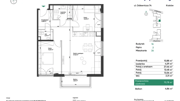 Rzut - Mieszkanie na sprzedaż 3 pokoje o powierzchni 70,78 m² - numer 1A_M26 w U Przybyszewskiego etap 4