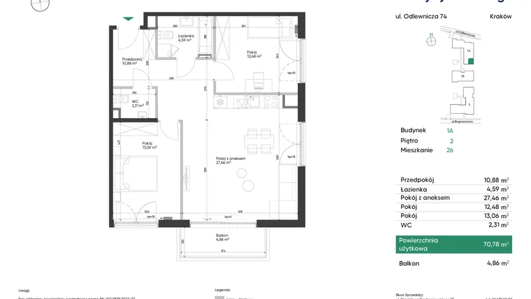 Rzut - Mieszkanie na sprzedaż 3 pokoje o powierzchni 70,78 m² - numer 1A_M26 w U Przybyszewskiego etap 4