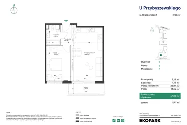 Rzut - Mieszkanie na sprzedaż 2 pokoje o powierzchni 47,86 m² - numer 2_M7 w U Przybyszewskiego etap 4