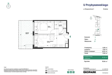 Rzut - Mieszkanie na sprzedaż 2 pokoje o powierzchni 37,22 m² - numer 2_M27 w U Przybyszewskiego etap 4