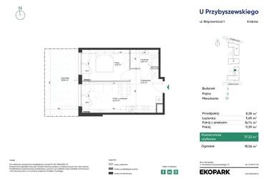 Rzut - Mieszkanie na sprzedaż 2 pokoje o powierzchni 37,22 m² - numer 2_M27 w U Przybyszewskiego etap 4