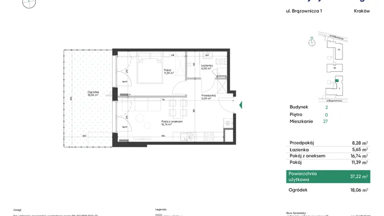 Rzut - Mieszkanie na sprzedaż 2 pokoje o powierzchni 37,22 m² - numer 2_M27 w U Przybyszewskiego etap 4
