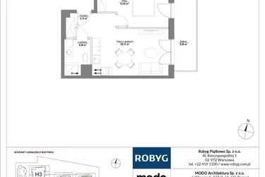 Rzut - Mieszkanie na sprzedaż 2 pokoje o powierzchni 40,05 m² - numer H1_2M04 w Piątkowo Residence etap II