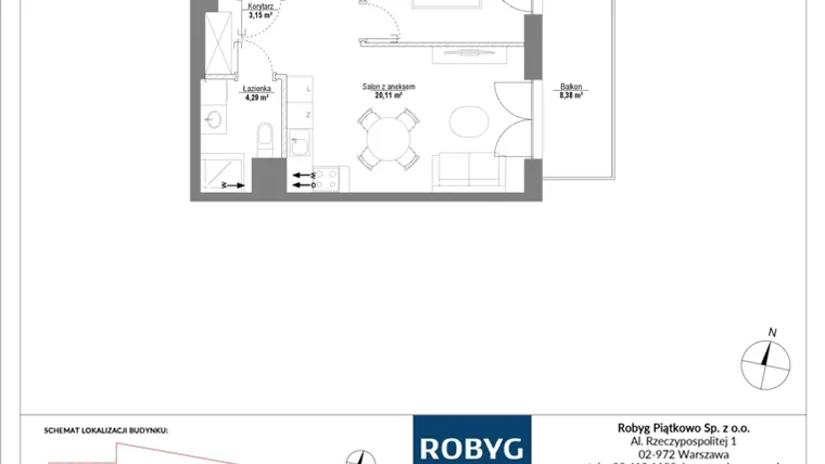 Rzut - Mieszkanie na sprzedaż 2 pokoje o powierzchni 40,05 m² - numer H1_2M04 w Piątkowo Residence etap II