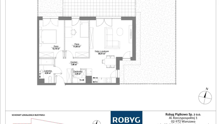 Rzut - Mieszkanie na sprzedaż 3 pokoje o powierzchni 68,11 m² - numer H2_0M03 w Piątkowo Residence etap II