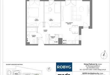 Rzut - Mieszkanie na sprzedaż 3 pokoje o powierzchni 68,16 m² - numer H1_2M03 w Piątkowo Residence etap II