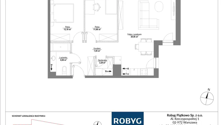 Rzut - Mieszkanie na sprzedaż 3 pokoje o powierzchni 68,2 m² - numer H3_1M03 w Piątkowo Residence etap II