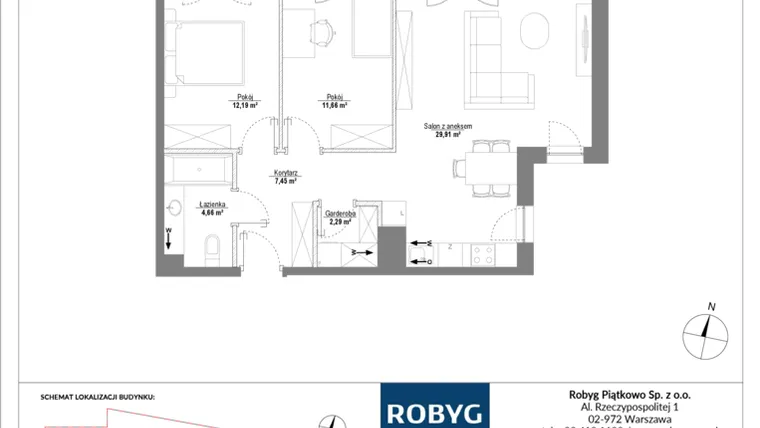 Rzut - Mieszkanie na sprzedaż 3 pokoje o powierzchni 68,16 m² - numer H3_2M03 w Piątkowo Residence etap II