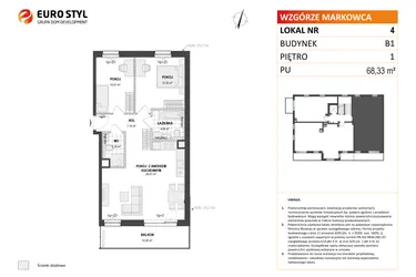 Rzut - Mieszkanie na sprzedaż 3 pokoje o powierzchni 68,33 m² - numer B1 4 w Wzgórze Markowca