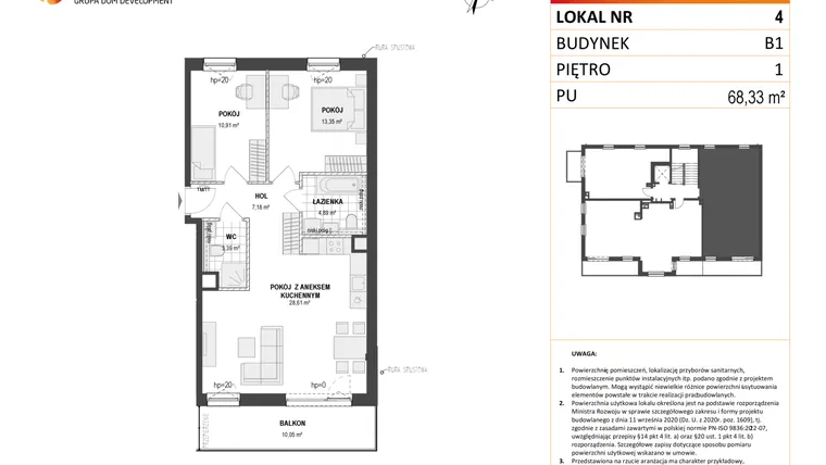 Rzut - Mieszkanie na sprzedaż 3 pokoje o powierzchni 68,33 m² - numer B1 4 w Wzgórze Markowca