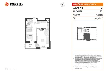 Rzut - Mieszkanie na sprzedaż 2 pokoje o powierzchni 41,3 m² - numer B2 2 w Wzgórze Markowca
