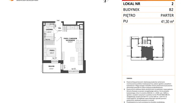 Rzut - Mieszkanie na sprzedaż 2 pokoje o powierzchni 41,3 m² - numer B2 2 w Wzgórze Markowca
