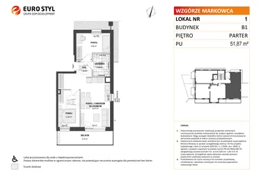 Rzut - Mieszkanie na sprzedaż 3 pokoje o powierzchni 51,87 m² - numer B1 1 w Wzgórze Markowca