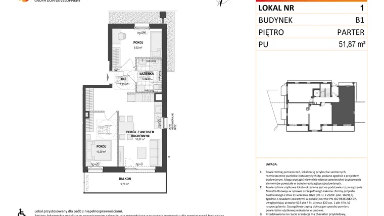 Rzut - Mieszkanie na sprzedaż 3 pokoje o powierzchni 51,87 m² - numer B1 1 w Wzgórze Markowca