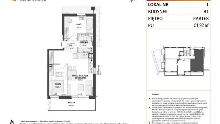 Rzut - Mieszkanie na sprzedaż 3 pokoje o powierzchni 51,87 m² - numer B1 1 w Wzgórze Markowca
