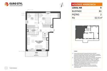 Rzut - Mieszkanie na sprzedaż 3 pokoje o powierzchni 63,1 m² - numer B1 9 w Wzgórze Markowca