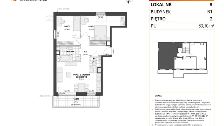 Rzut - Mieszkanie na sprzedaż 3 pokoje o powierzchni 63,1 m² - numer B1 9 w Wzgórze Markowca