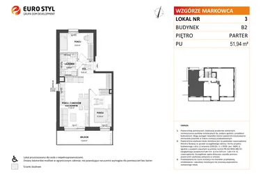 Rzut - Mieszkanie na sprzedaż 3 pokoje o powierzchni 51,94 m² - numer B2 3 w Wzgórze Markowca