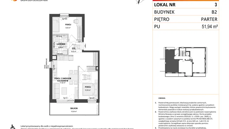 Rzut - Mieszkanie na sprzedaż 3 pokoje o powierzchni 51,94 m² - numer B2 3 w Wzgórze Markowca