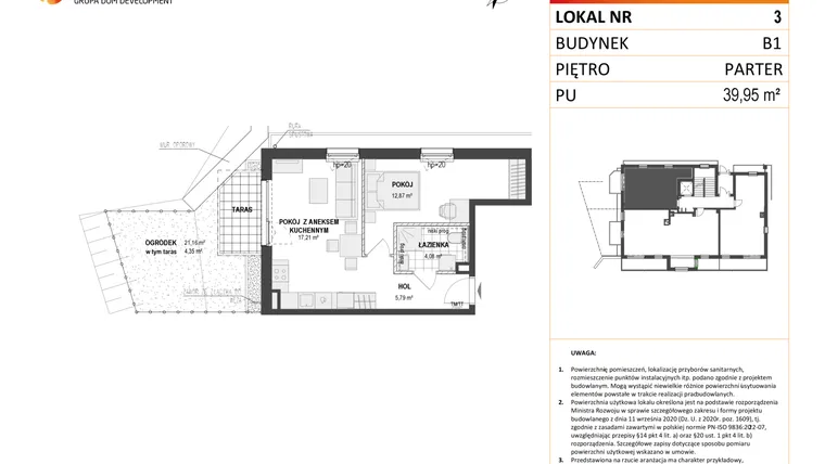 Rzut - Mieszkanie na sprzedaż 2 pokoje o powierzchni 39,95 m² - numer B1 3 w Wzgórze Markowca