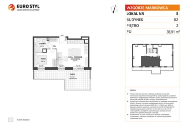 Rzut - Mieszkanie na sprzedaż 2 pokoje o powierzchni 36,91 m² - numer B2 8 w Wzgórze Markowca