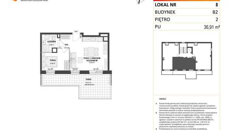 Rzut - Mieszkanie na sprzedaż 2 pokoje o powierzchni 36,91 m² - numer B2 8 w Wzgórze Markowca