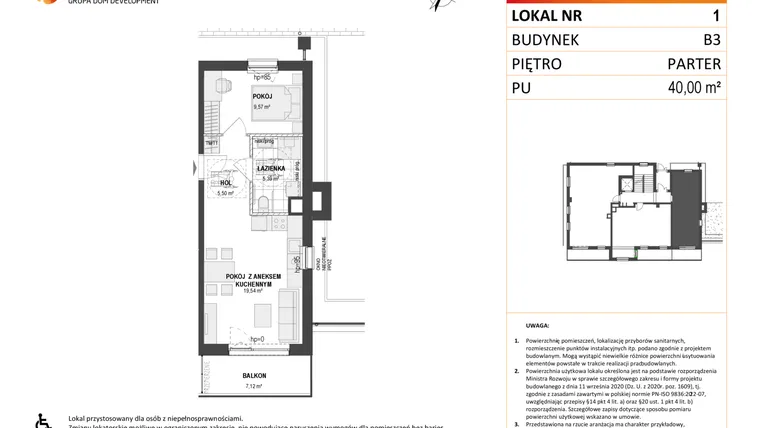 Rzut - Mieszkanie na sprzedaż 2 pokoje o powierzchni 40 m² - numer B3 1 w Wzgórze Markowca