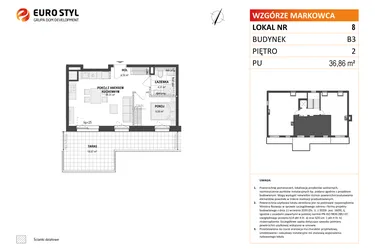 Rzut - Mieszkanie na sprzedaż 2 pokoje o powierzchni 36,86 m² - numer B3 8 w Wzgórze Markowca
