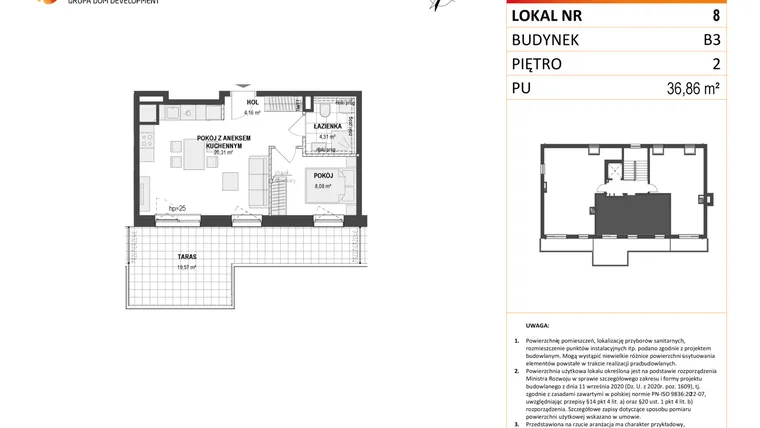 Rzut - Mieszkanie na sprzedaż 2 pokoje o powierzchni 36,86 m² - numer B3 8 w Wzgórze Markowca