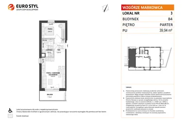 Rzut - Mieszkanie na sprzedaż 2 pokoje o powierzchni 39,94 m² - numer B4 3 w Wzgórze Markowca