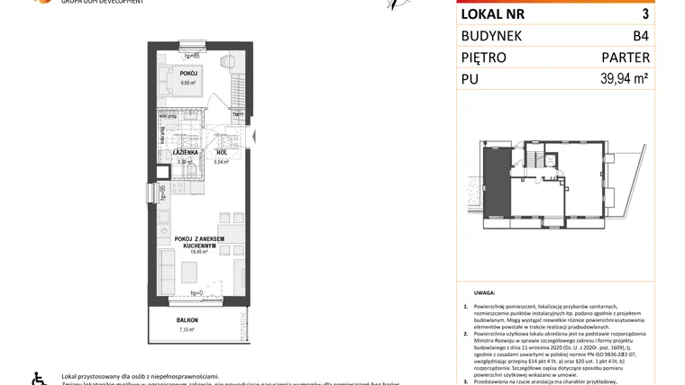 Rzut - Mieszkanie na sprzedaż 2 pokoje o powierzchni 39,94 m² - numer B4 3 w Wzgórze Markowca